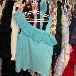 JK Designs Aqua One-Shoulder Eyelet Tank Top